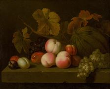 Still Life with Peaches, Grapes, Plums, and Melon, around 1710. Creator: Jakub Bogdan