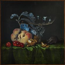 Still life with peaches, walnuts, mouse and Venetian wine glass, 1661. Creator: Fromantiou, Henri de (c. 1633/34-after 1693)