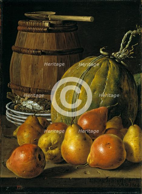 Still life with pears, melons, plates, and a barrel, 1764. Creator: Luis Meléndez.