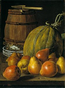 Still life with pears, melons, plates, and a barrel, 1764. Creator: Luis Meléndez
