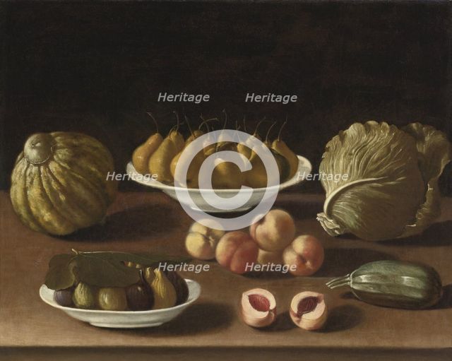 Still life with pears, peaches, figs, a melon, cabbage and marrow. Artist: Barbieri, Paolo Antonio (1603-1649)