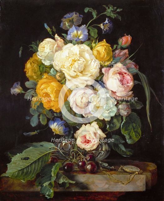 Still life with peonies, cherries and a pocket watch.
