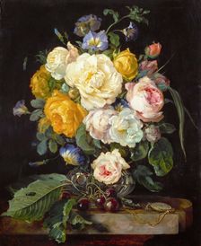 Still life with peonies, cherries and a pocket watch
