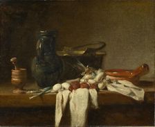 Still Life with Pestle and Mortar, Pitcher and Copper Cauldron, 1728. Creator: Jean-Simeon Chardin