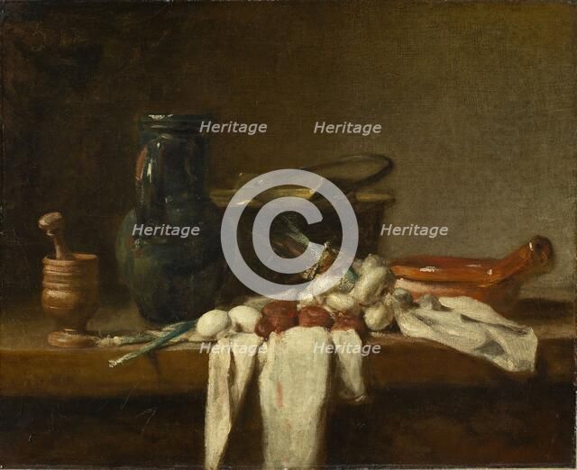 Still Life with Pestle and Mortar, Pitcher and Copper Cauldron, 1728. Creator: Jean-Simeon Chardin.