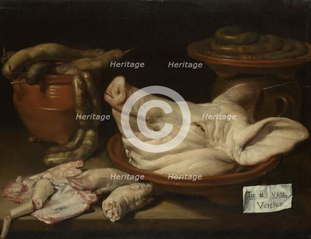Still Life with Pig's Head, Pig's Knuckles and Sausage, 1600-1650. Creator: Monogrammist JVR.