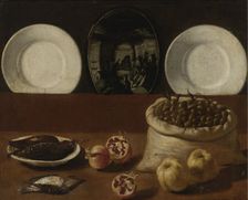 Still life with plates, a sack filled with olives, game, pomegranates, and quince. Artist: Barbieri, Paolo Antonio (1603-1649)