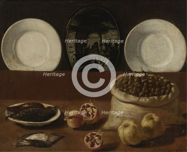 Still life with plates, a sack filled with olives, game, pomegranates, and quince. Artist: Barbieri, Paolo Antonio (1603-1649)