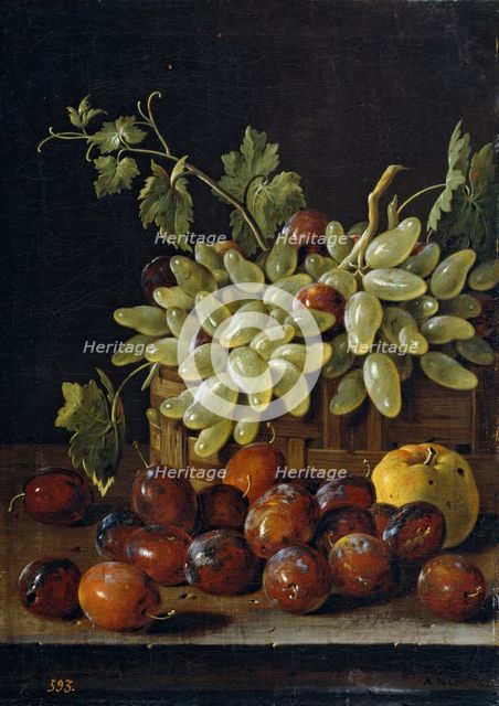 Still Life with Plums, a Basket of Grapes, and an Apple, 1762. Creator: Luis Meléndez.