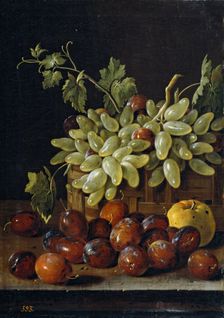 Still Life with Plums, a Basket of Grapes, and an Apple, 1762. Creator: Luis Meléndez