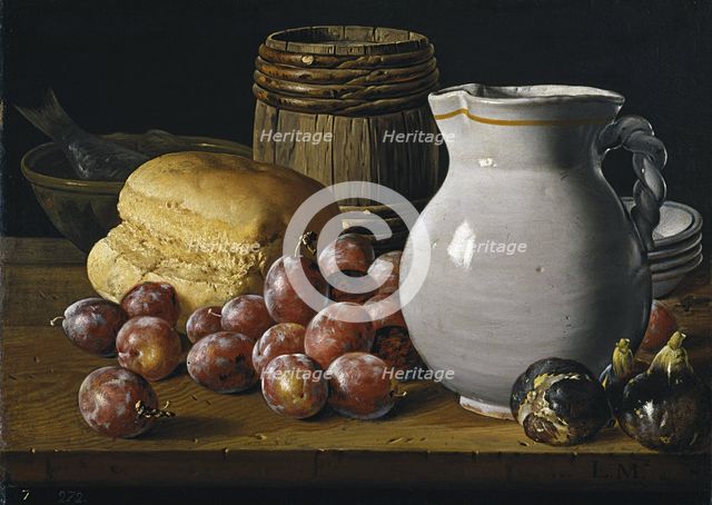 Still life with plums, figs, bread and jug, Second Half of the 18th century. Artist: Meléndez, Luis Egidio (1716-1780)
