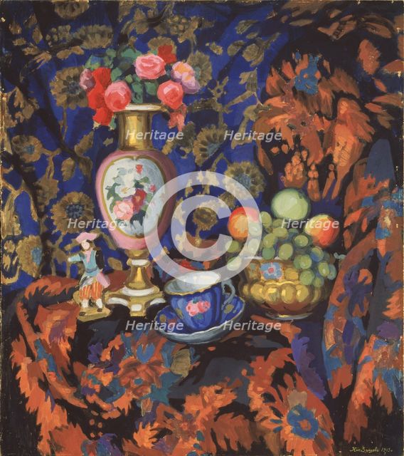 Still life with porcelain and flowers, 1913. Artist: Zaytsev, Nikolai Semyonovich (1885-1938)