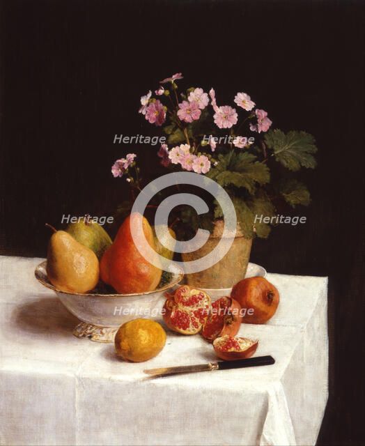 Still life with primroses and pears. Artist: Fantin-Latour, Henri (1836-1904)