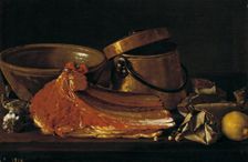 Still life with rib steak, condiments, and containers, last quarter of the 18th century. Creator: Luis Meléndez