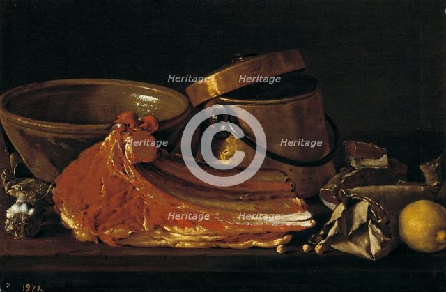 Still life with rib steak, condiments, and containers, last quarter of the 18th century. Creator: Luis Meléndez.