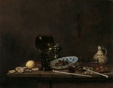 Still Life with Roemer, Flute Glass, Earthenware Jug and Pipes, 1651. Creator: Jan Jansz van de Velde