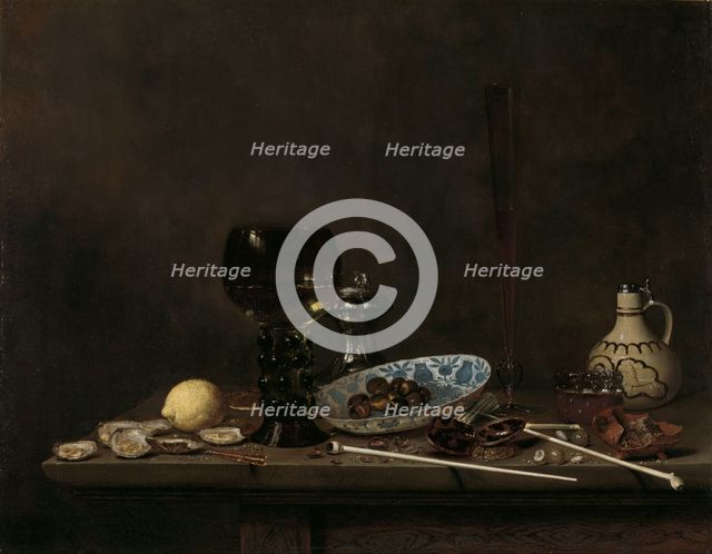 Still Life with Roemer, Flute Glass, Earthenware Jug and Pipes, 1651. Creator: Jan Jansz van de Velde.