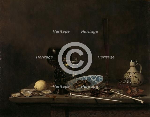 Still Life with Roemer, Flute Glass, Earthenware Jug and Pipes, 1651. Creator: Jan Jansz van de Velde.