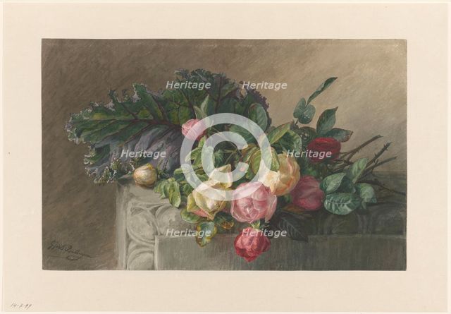 Still life with roses and cabbage leaf, 1836-1892. Creator: Gerardina Jacoba van de Sande Bakhuyzen.