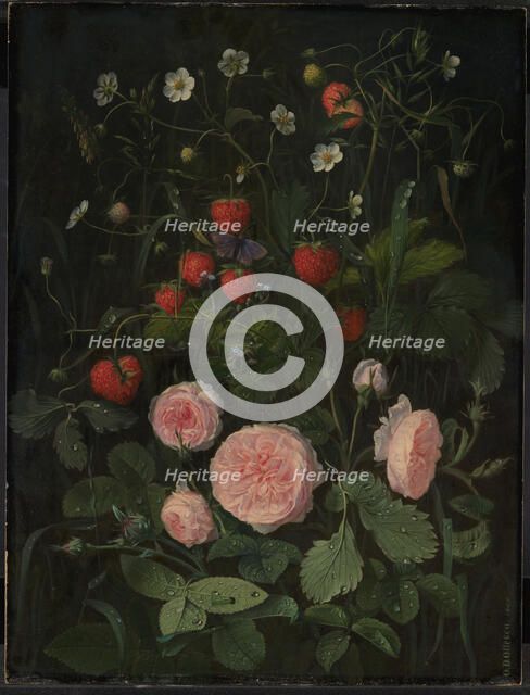 Still Life with Roses and Strawberries, 1843. Creator: Otto Didrik Ottesen.