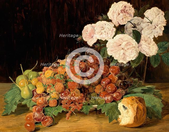Still life with roses, strawberries and bread, 1827. Creator: Ferdinand Georg Waldmuller.
