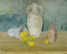 Still life with stone jugs and lemons, undated. (c1920s) Creator: Emil Kraus