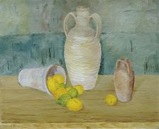 Still life with stone jugs and lemons, undated. (c1920s) Creator: Emil Kraus