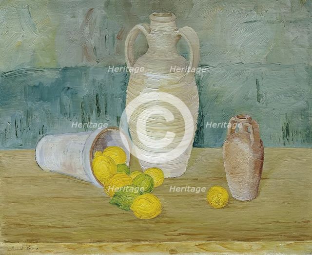 Still life with stone jugs and lemons, undated. (c1920s) Creator: Emil Kraus.