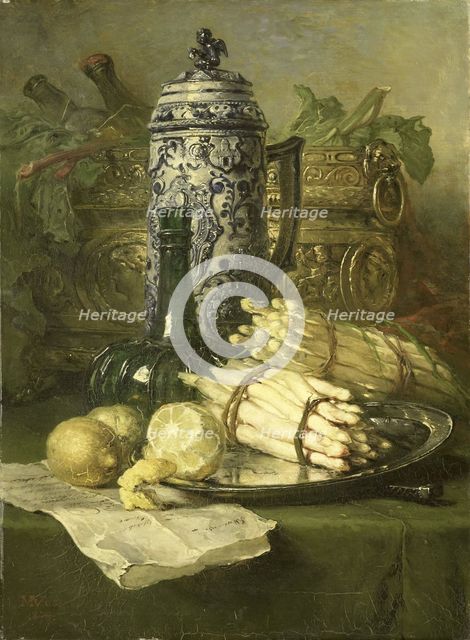 Still life with stoneware jug, 1878.  Creator: Maria Vos.
