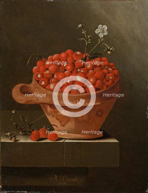  Still life with strawberries in a clay pot, 1704. Artist: Coorte, Adriaen (active 1683-1707)