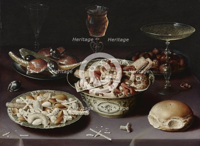 Still life with sweets, chestnuts and a bread roll. Artist: Beert, Osias, the Elder (ca. 1580-1624)