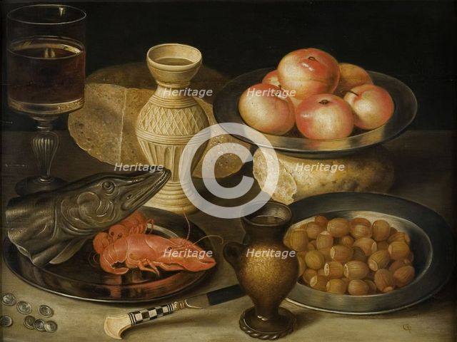 Still life with Siegburg stoneware jug, glass, knife, two loaves, three pewter plates…, Early 17th c Creator: Flegel, Georg (1566-1638).