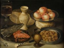 Still life with Siegburg stoneware jug, glass, knife, two loaves…, Early 17th cen.. Creator: Flegel, Georg (1566-1638)