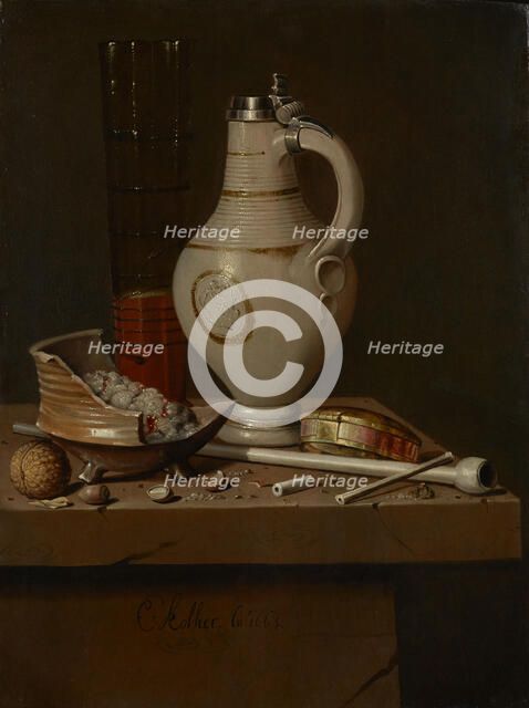 Still life with smoking utensils and beer mug, 1664. Artist: Collier, Edwaert (1642-1708)