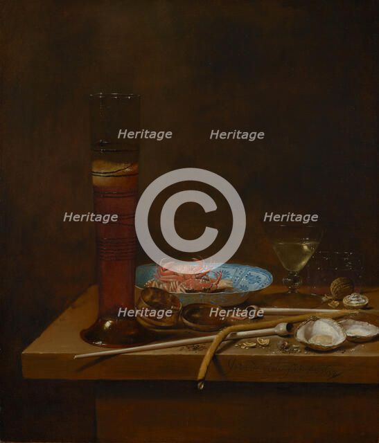 Still life with smoking utensils and crabs, 1657. Artist: Velde, Jan van de III (ca. 1620-1662)