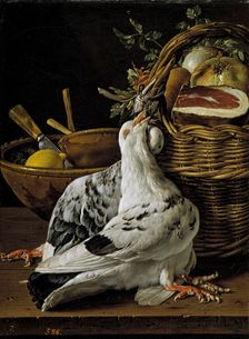 Still life with squabs, a food basket, and bowls, 18th century. Creator: Luis Meléndez