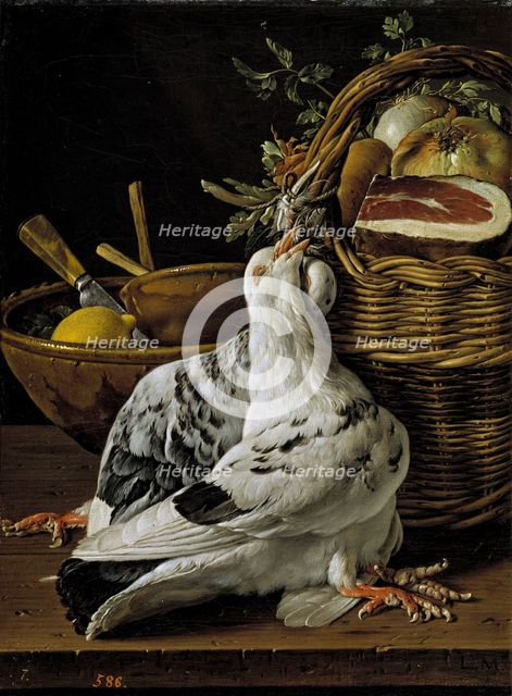 Still life with squabs, a food basket, and bowls, 18th century. Creator: Luis Meléndez.