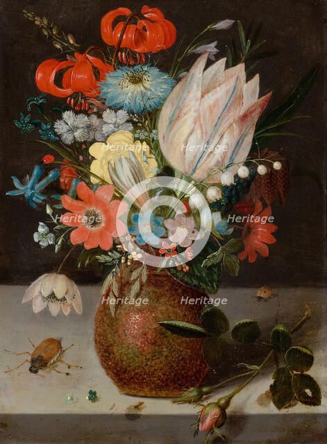 Still life with tulip, snowbell panicle and checkered flower in an engobe vase..., early 17th cen. Creator: Binoit; Peter (ca 1590-1632).