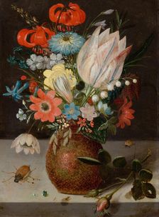 Still life with tulip, snowbell panicle and checkered flower in an engobe vase..., early 17th cen. Creator: Binoit; Peter (ca 1590-1632)