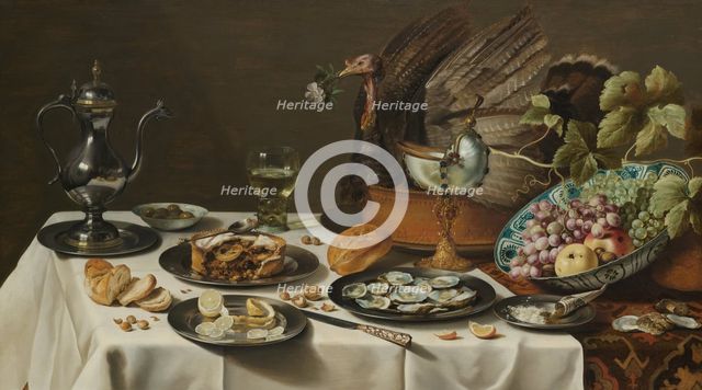 Still Life with Turkey Pie, 1627. Artist: Claesz, Pieter (c. 1597-1660)