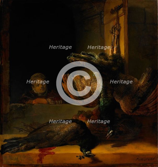 Still life with two Peacocks and a Girl, ca 1639. Artist: Rembrandt van Rhijn (1606-1669)