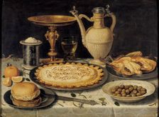 Still life with tazza, stoneware jug, saltcellar and dainties, probably 1611. Creator: Clara Peeters