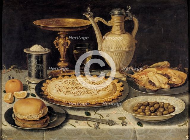 Still life with tazza, stoneware jug, saltcellar and dainties, probably 1611. Creator: Clara Peeters.