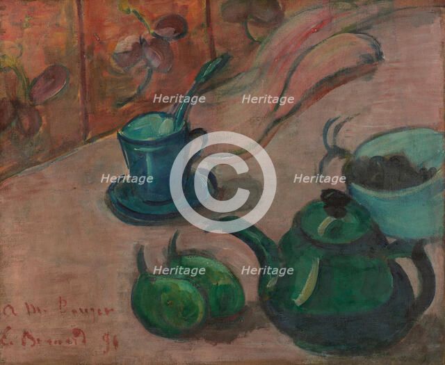 Still life with teapot, cup and fruit, 1890. Artist: Bernard, Émile (1868-1941)