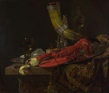 Still Life with the Drinking-Horn of the Saint Sebastian Archers Guild, Lobster and Glasses, c. 1653. Artist: Kalf, Willem (1619-1693)