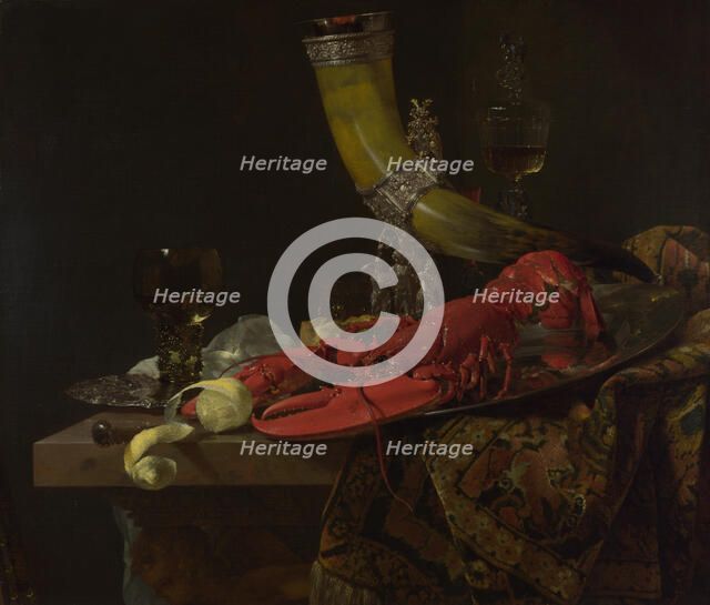 Still Life with the Drinking-Horn of the Saint Sebastian Archers' Guild, Lobster and Glasses, c. 1653. Artist: Kalf, Willem (1619-1693)