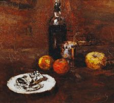 Still Life with Three Apples and Cheese in Staniol, 1886. Creator: Carl Schuch