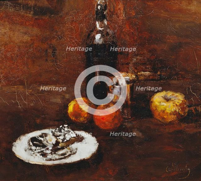 Still Life with Three Apples and Cheese in Staniol, 1886. Creator: Carl Schuch.