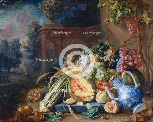 Still Life with Vegetables and Fruit before a Garden Balustrade, 1658. Creator: Cornelis de Heem.