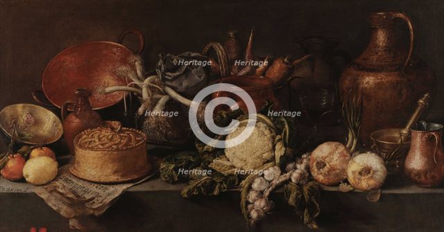 Still life with vegetables and kitchen utensils. Creator: Pereda y Salgado, Antonio, de (1611-1678).